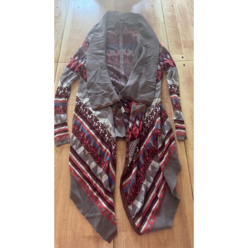 Sisters Southwestern Aztec Print Open Front Waterfall Cardigan Sweater Brown S/M